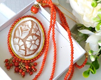 Collier Argent 925 Avec Perles Blanches Et Camée Sardonique Corail - Longueur 49 Cm
