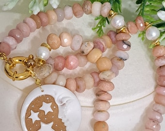 Sardonic shell cameo necklace with Peruvian pink opal semiprecious stones, Italian jewelry