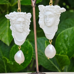 White coral cameo earrings and white baroque pearls, 925 silver earrings, Italian jewelry