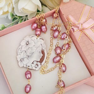 Sardonyx shell cameo necklace and natural pink pearls, 925 silver necklace, Italian jewelry