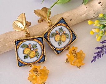 Pendientes de cerámica Caltagirone con flores amarillas, pendientes sicilianos