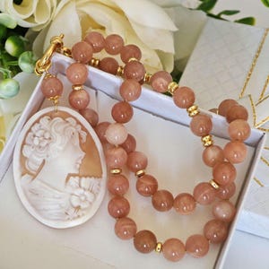 Sardonyx Shell Cameo Necklace, Moonstone Choker Necklace, Italian Jewelry