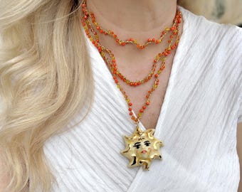 Caltagirone ceramic sun necklace with crystals, Sicilian rosary necklace