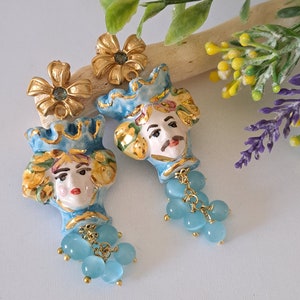 Caltagirone ceramic earrings, light blue quartz stone earrings, Sicilian dark brown earrings