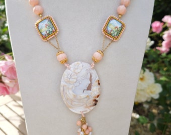 Collier En Argent 925 Doré Avec Camée Cornaline Et Corail - Longueur 51 Cm - Style Vintage