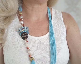 Caltagirone ceramic Moor's head necklace, multi-strand necklace with blue crystals, Sicilian necklace