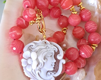 Sardonic shell cameo necklace with pink rhodochrosite semiprecious stones, Italian jewelry