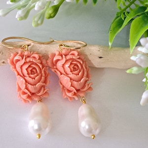 Coral rose earrings and white drop pearls, silver earrings, Italian jewels