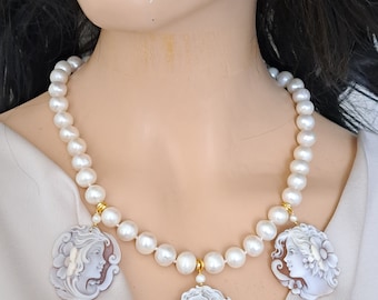 Sardonyx shell cameo necklace, white pearl necklace, Italian jewelry