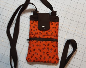 Cell Phone Purse, Crossbody Strap, Black and Brown floral