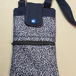 Cartera para teléfono móvil, bandolera, azul y blanco