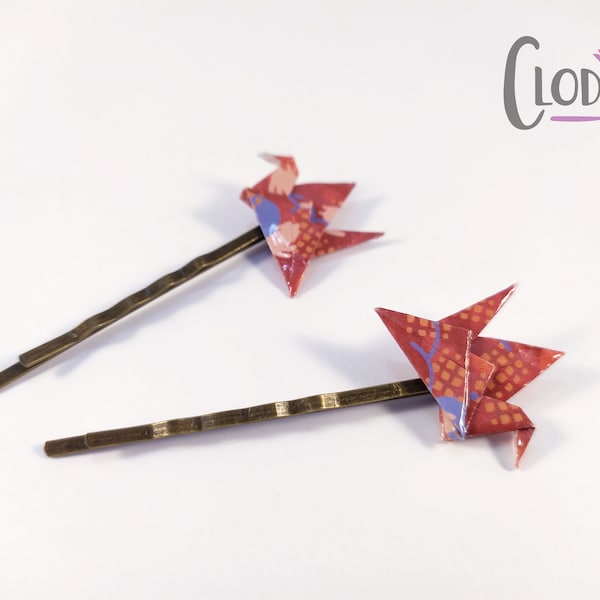 Barrettes Grue Rouge Origami, Barrettes Origami, Accessoires en Origami, Grue Origami, Barrettes Rouges, Barrettes Oiseaux, Oiseau accessoir