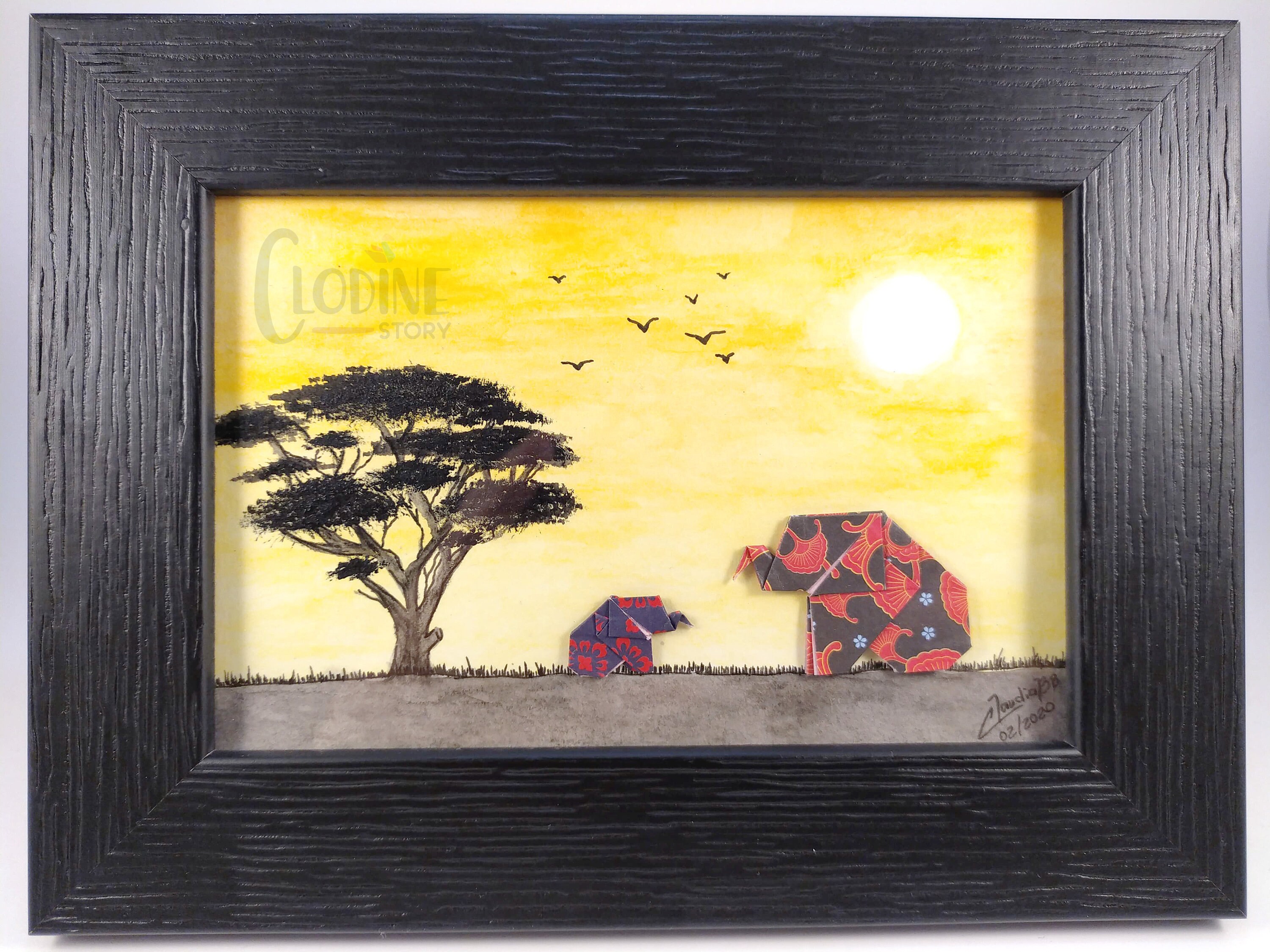 2 Origami Elephants Décoration Murale, Aquarelle & Art Mural, Elephant Frame, Art Deco, Cadre Élépha