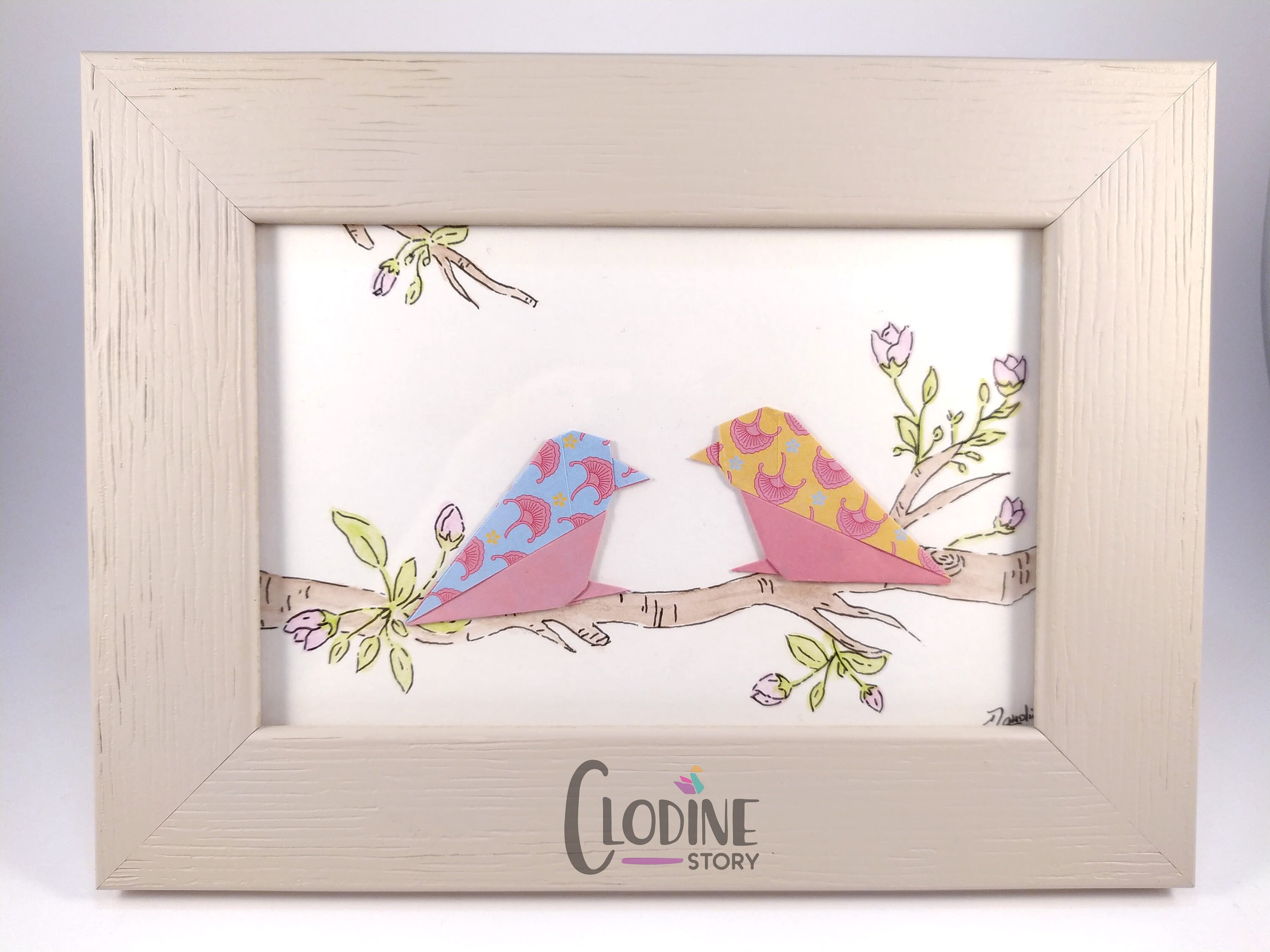 Aquarelle & Origami Bird Deco Frame, Decoration, Aquarelle Mural Art, Wall Bird, Spring
