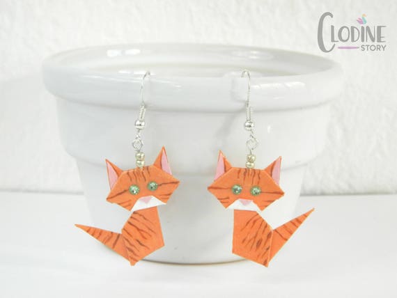 Pendientes Gato Naranja Gato Origami Papiroflexia Gato Atigrado Naranja Minino Aretes Joyería De Origami Joyería De Papel Naranja