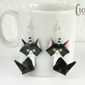 Pendientes gato blanco y negro de origami, Pendientes origami, Papiroflexia, Aretes de gato, Kawaii, Mascota, Minino, Regalo, Gato, Joyería