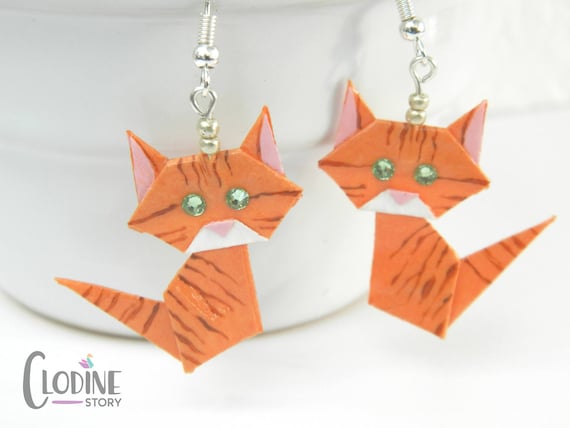 Pendientes Gato Naranja Gato Origami Papiroflexia Gato Atigrado Naranja Minino Aretes Joyería De Origami Joyería De Papel Naranja
