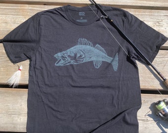 Hand printed Fish T-shirt. Fishing shirt. Walleye shirt. Fisherman gift