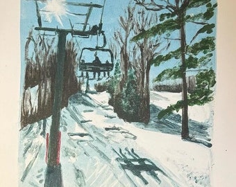 Skiing Monotype Original Print I Chairlift I Ski Art