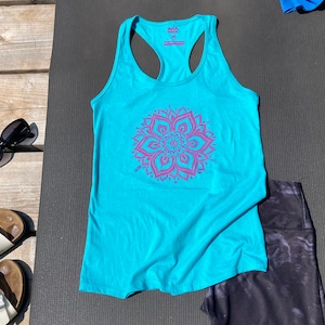 Teal blue racer back tank top with a hand printed pink sun mandala yoga. Perfect summer tank top, yoga tank top, workout tank top image 1