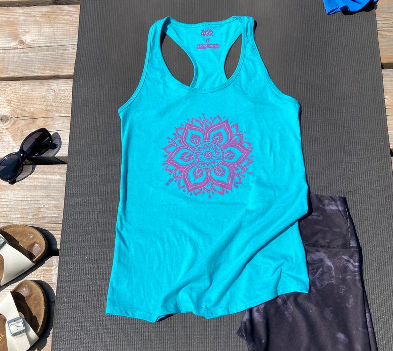 Teal blue racer back tank top with a hand printed pink sun mandala yoga. Perfect summer tank top, yoga tank top, workout tank top image 1