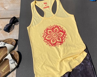 Yellow racer back tank top with a hand printed sun mandala. Summer tank top, yoga tank top, workout tank top, hand printed tank top