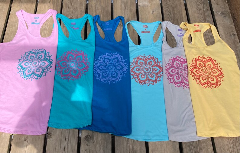 Teal blue racer back tank top with a hand printed pink sun mandala yoga. Perfect summer tank top, yoga tank top, workout tank top image 9