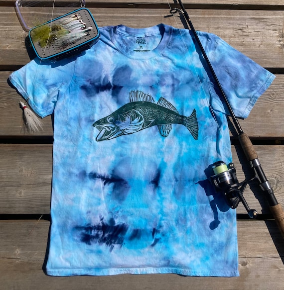 Hand Printed Fish T-shirt, Fish Shirt, Fish in Water T-shirt, Walleye  T-shirt, Fisherman Gifts, Ice Dyed Shirt, Ice Fishing Shirt 