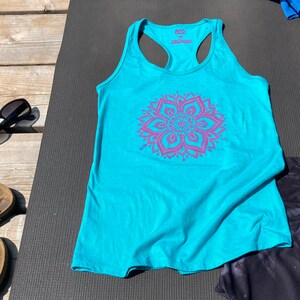 Teal blue racer back tank top with a hand printed pink sun mandala yoga. Perfect summer tank top, yoga tank top, workout tank top image 6