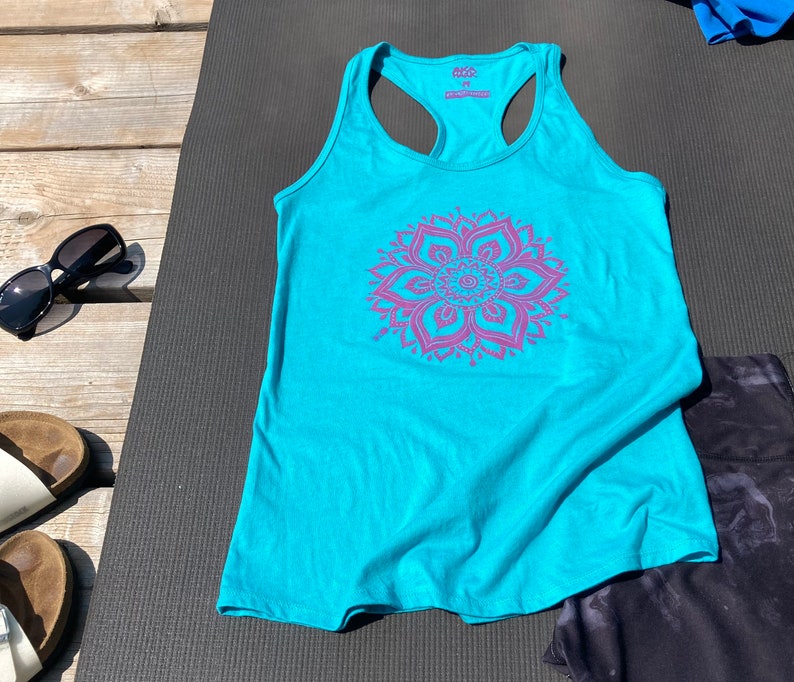 Teal blue racer back tank top with a hand printed pink sun mandala yoga. Perfect summer tank top, yoga tank top, workout tank top image 6