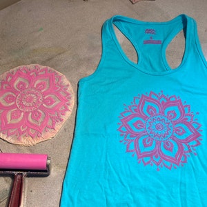 Teal blue racer back tank top with a hand printed pink sun mandala yoga. Perfect summer tank top, yoga tank top, workout tank top image 3