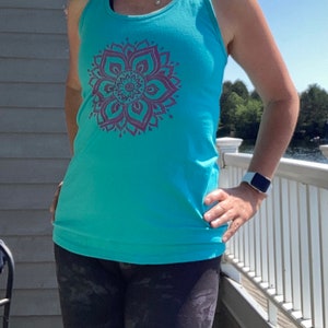 Teal blue racer back tank top with a hand printed pink sun mandala yoga. Perfect summer tank top, yoga tank top, workout tank top image 2