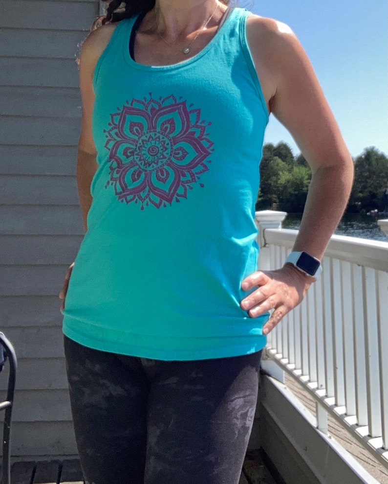 Teal blue racer back tank top with a hand printed pink sun mandala yoga. Perfect summer tank top, yoga tank top, workout tank top image 2