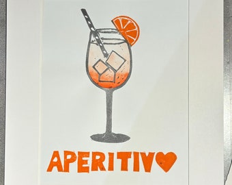 Aperol Spritz Aperitivo Original Linocut Art Print | Bar Cart Decor Cocktail Poster | Party Signature Drink Sign | Trendy Wall