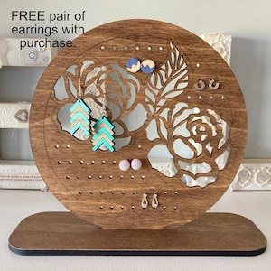 Laser Cut Peony Flower Earring Stand, Wood Jewelry Holder