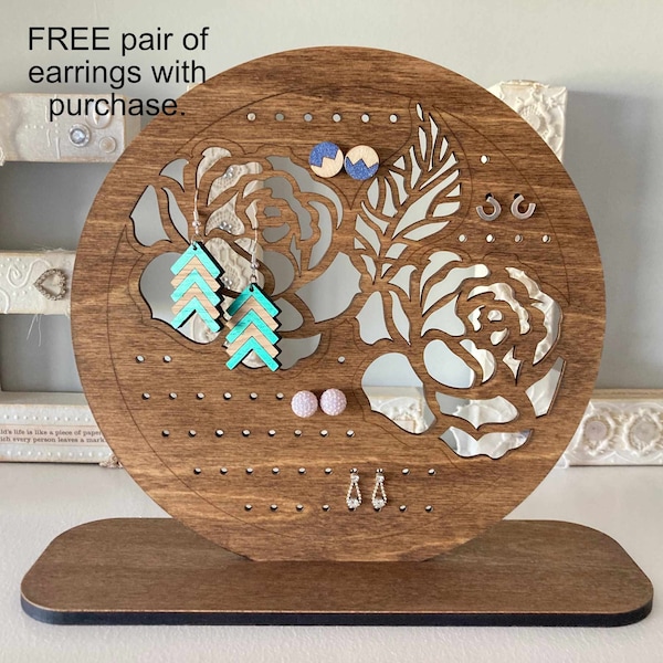 Laser Cut Peony Flower Earring Stand, Wood Jewelry Holder