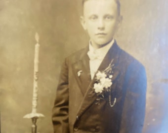 Antique Sepia Cabinet Card: Young Man with Candle, Dubuque Iowa