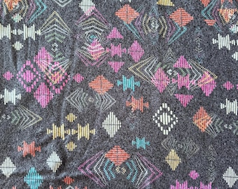 Aztec Geometric Jersey Knit Fabric by the Yard, Charcoal Stretch Knit with Multicolor Print, Soft Fabric for Dresses, Tops, Leggings, Sewing