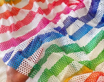 Rainbow Stripe Mesh Fabric by the Yard – Two-Way Stretch Netting, Colorful Striped Fabric for Costumes, Dancewear, Bows & Festival Sewing