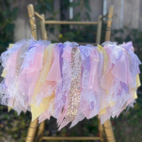Pink and Lavender High Chair Banner, Pink lavender Yellow Highchair Tutu, Princess Theme Highchair Banner, Purple and Yellow Fabric Banner