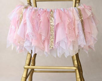 Pink & Gold High Chair Tutu, First Birthday Decoration, Girl Party Decor