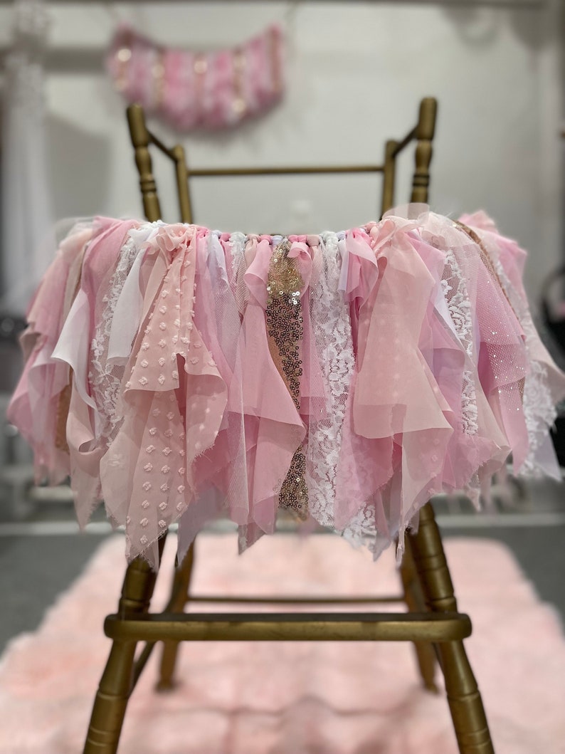 Pink and Gold High Chair Banner, Pink and Gold Highchair Tutu, Pink and Gold HighChair Banner, Pink and Gold Fabric Banner image 1