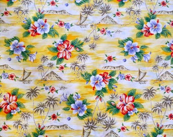 Tropical Hawaiian Floral Fabric – Yellow Palm & Hibiscus Print – Lightweight Polyester for Costumes, Luau Decor, Bags, Tablecloths, Crafts