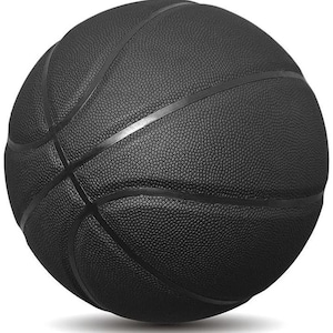 Puede incluir: Una pelota de baloncesto negra con una superficie texturizada y costuras blancas.