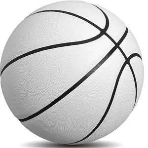 Puede incluir: Una pelota de baloncesto blanca con líneas negras. La pelota de baloncesto es de tamaño estándar y tiene una superficie texturizada.