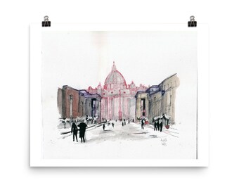 Puede incluir: Una pintura de acuarela de la Basílica de San Pedro en Roma, Italia. La basílica está pintada en tonos de rosa y gris, con una gran cúpula y una larga fachada. Hay personas caminando frente a la basílica, y el cielo es de un azul claro.
