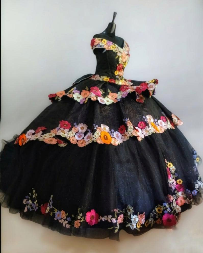 Quinceaera Ball Black Dress. 3D Floral Appliqu, Tulle & Satin Jacquard,  Crystal Accents. - Etsy