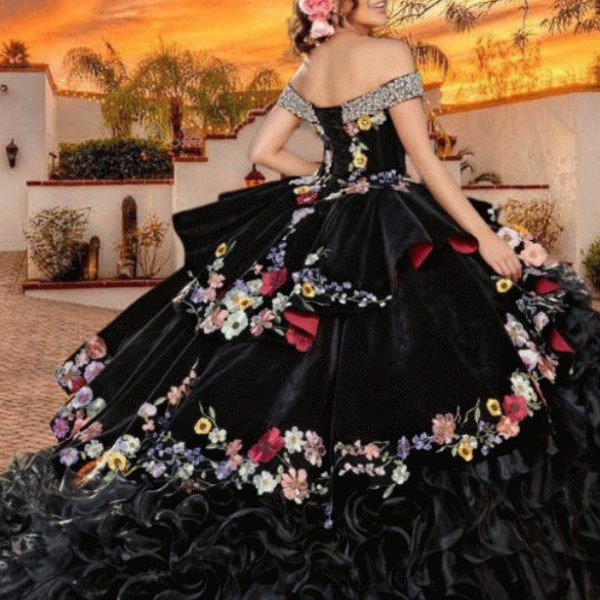 Black charro Quince Dress. Floral  Embroidery decoration. Off-Shoulder. Custom Made. Vestido  Estilo Mexicano. Bordado. Hecho a la medida.