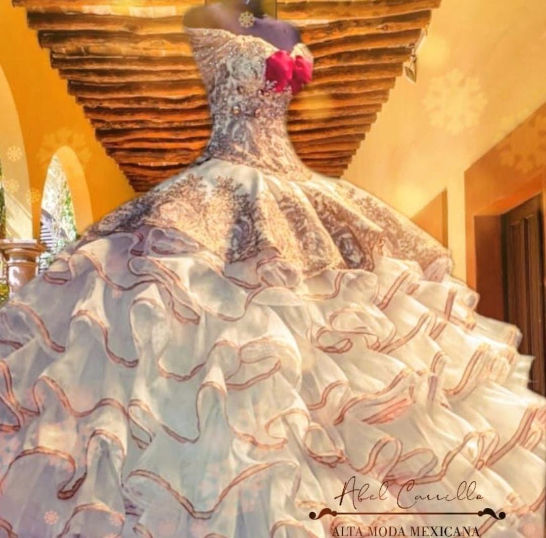 white and gold charro quince dress Ball Gown Vestidos White Charro Quinceanera Dresses Viewing Style 26042 Champagne