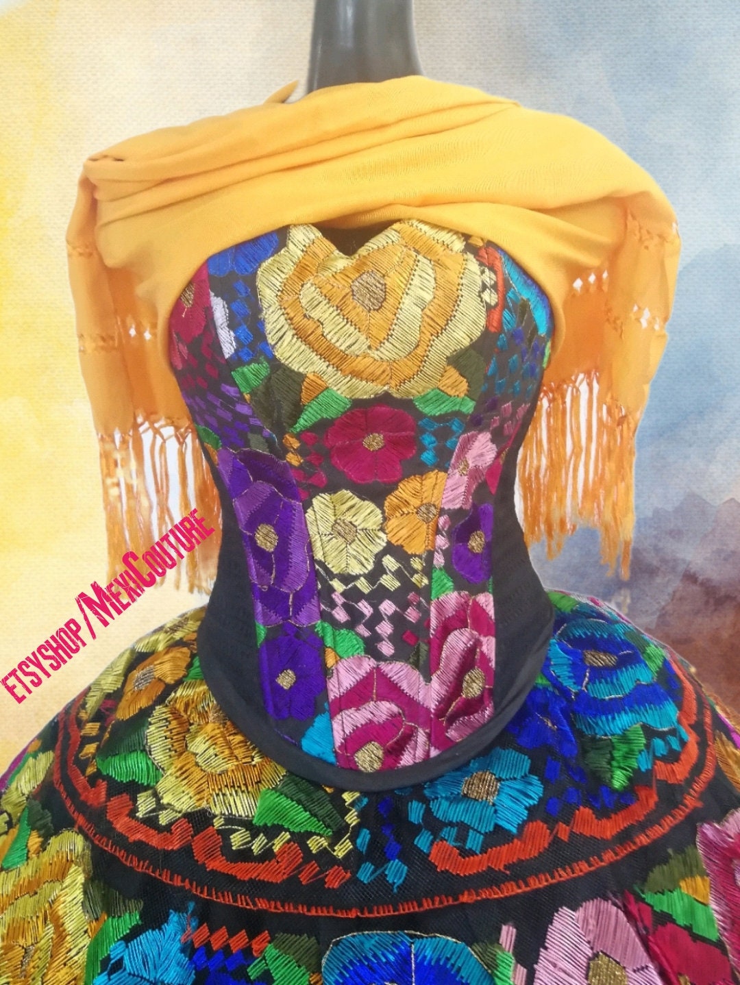 Colorful Embroidery Mexican Dress. Custom made Corset/skirt . Chiapas Handmade embroidery. Vestido Mexicano. Hecho a la Medida